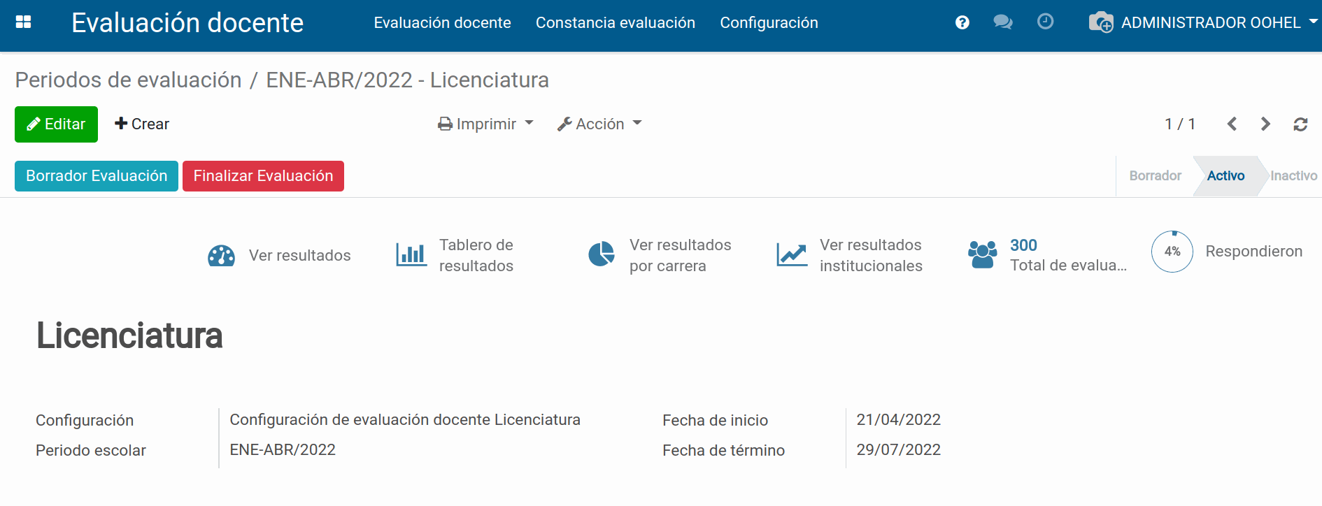 Periodo de evaluación activo-Evaluación Docente-Oohel Planner